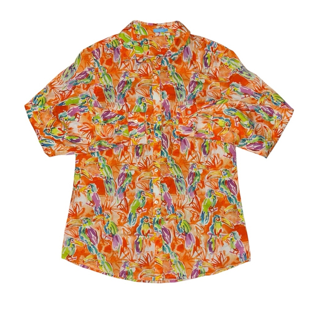 J McLaughlin Orange Watercolor Toucan Bird Print Cotton Button Down Blouse Small